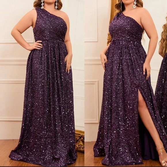 Luxe plus size one shoulder slit thigh party formal prom wedding gown dress